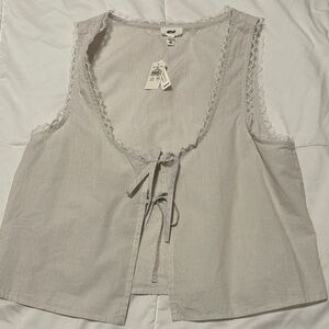 Aerie Cream Lace-Trimmed Tie-Front Blouse- XS